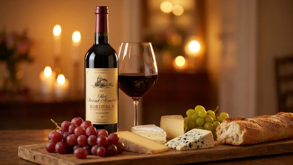 Rót rượu vang Roc Saint André Bordeaux ra ly bên nho, phô mai và bánh mì Pháp