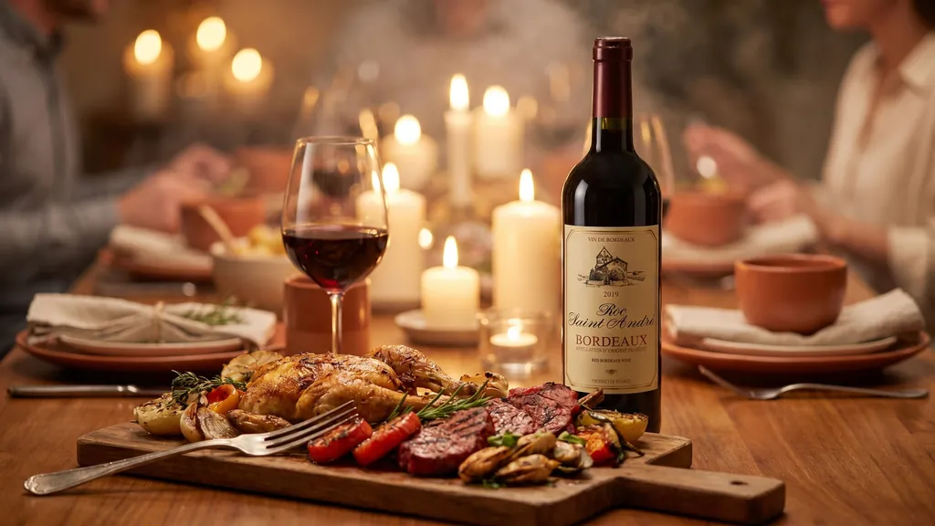 Rượu vang Roc Saint André Bordeaux bên bàn ăn thịt đỏ, gia cầm nướng và hải sản