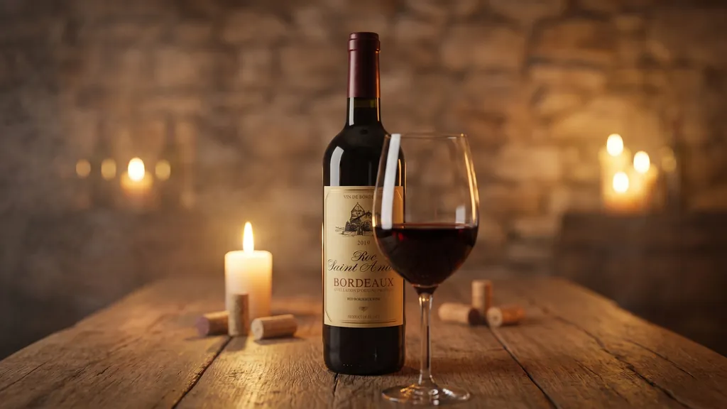 Rượu vang Pháp Roc Saint André Bordeaux trưng bày cổ điển bên ánh nến ấm