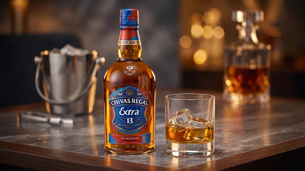 Cách thưởng thức Rượu Chivas Extra 13 Rye Cask 700ML với ly pha lê và đá viên