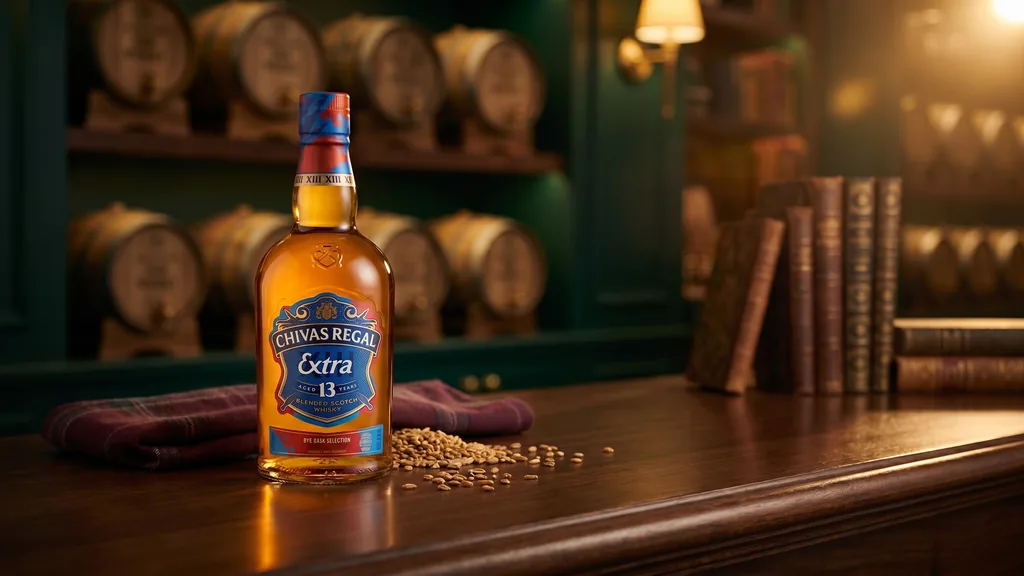 Rượu Chivas Extra 13 Rye Cask 700ML trên quầy bar gỗ sồi sang trọng