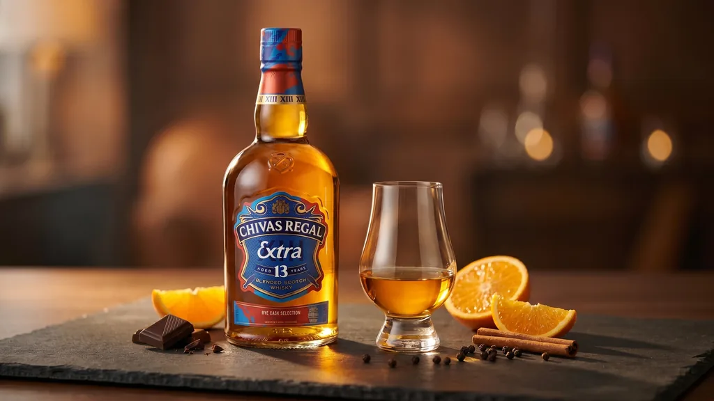 Ly whisky Chivas Extra 13 Rye Cask 700ML bên cam quýt và sô cô la