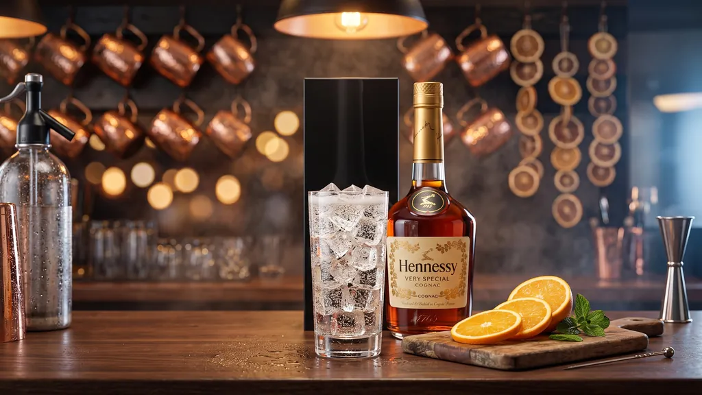 Rượu Hennessy VS Very Special 700ML bên ly highball đầy đá vuông trên quầy bar gỗ