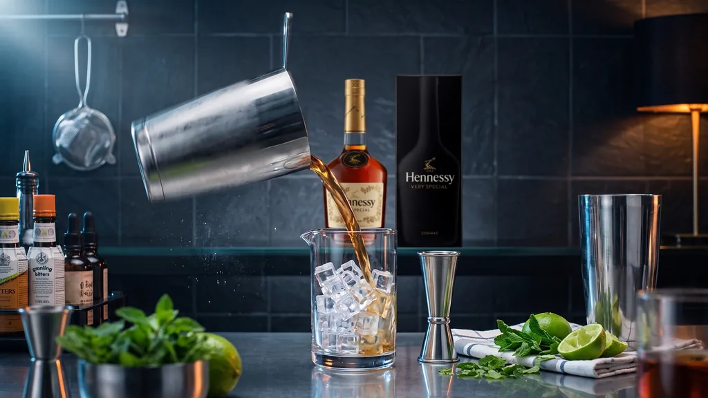 Hennessy VS Very Special 700ml tại quầy pha chế cocktail với ly đá vuông