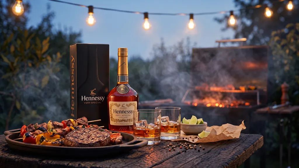 Rượu Hennessy VS 700ml trong tiệc nướng bạn bè ngoài sân dưới đèn dây