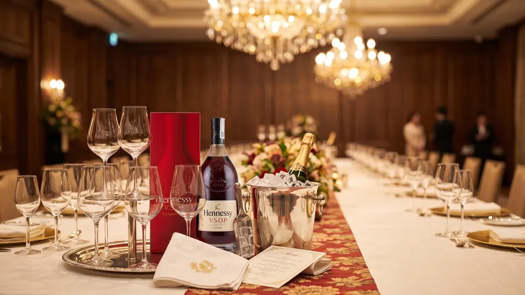 Rượu Hennessy VSOP 1.5 Lít trên bàn tiệc lớn tại nhà hàng dưới đèn chùm