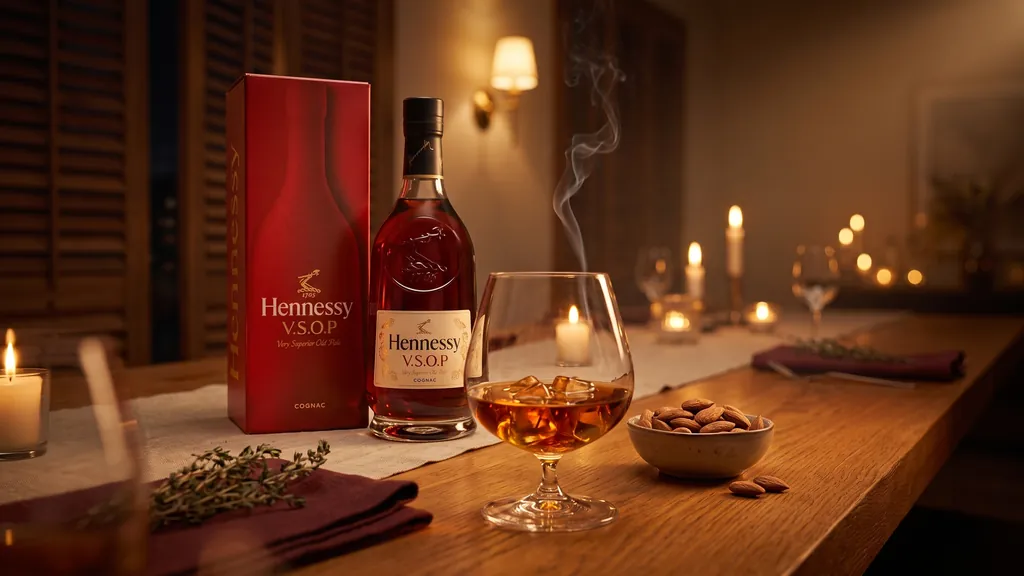 Rượu Hennessy VSOP Cognac 700ML đặt trên bàn tiệc gỗ ấm cùng ly tulip và đá vuông
