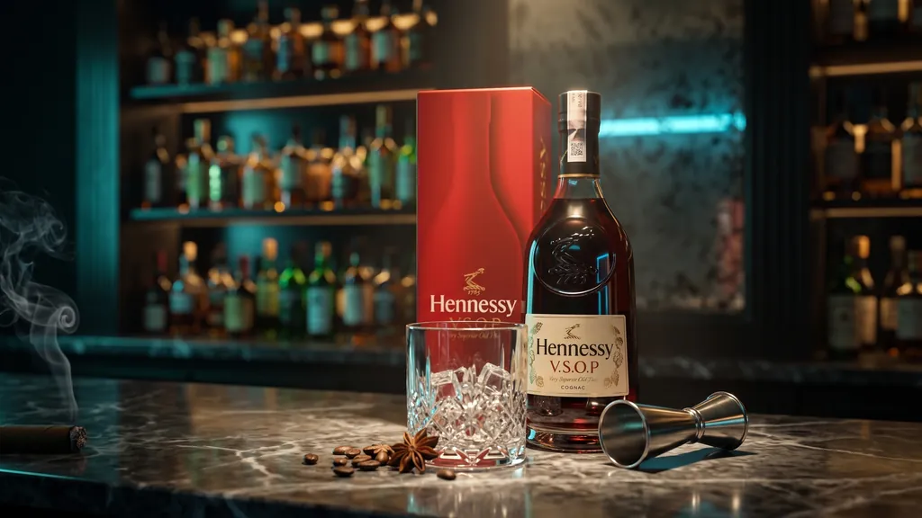 Hennessy VSOP 700ml trên quầy bar đêm sang trọng bên ly đá vuông