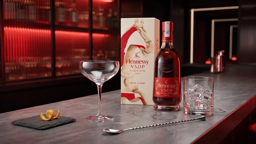 Hennessy VSOP Năm Ngựa 700ml trên quầy bar hiện đại với ly đá vuông