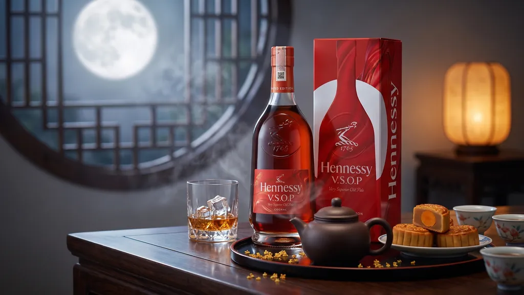 Rượu Hennessy VSOP Limited Edition Trung Thu 700ML trên bàn trà mùa thu bên ấm trà và bánh trung thu