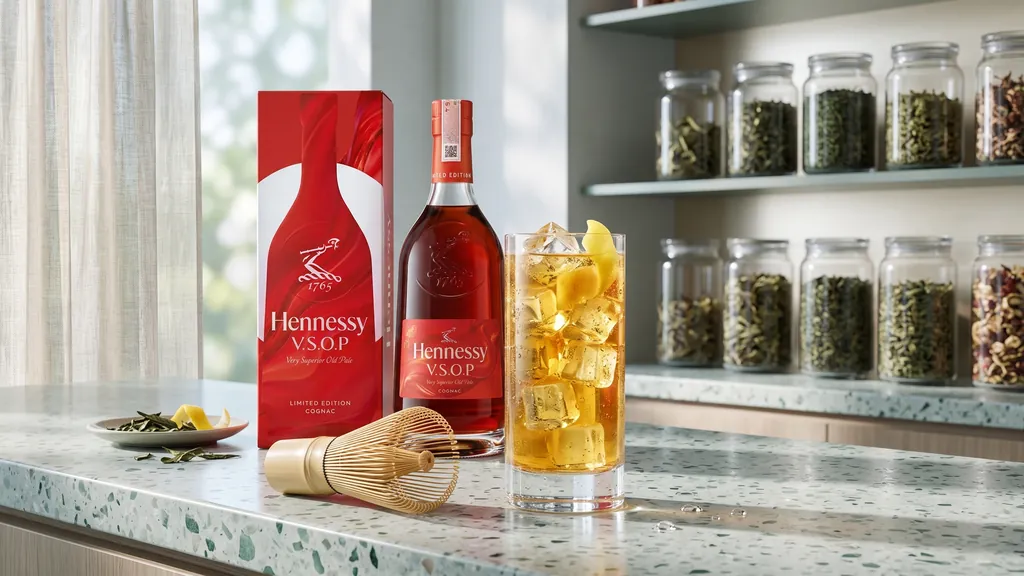 Hennessy VSOP Limited Edition Trung Thu pha cùng trà lạnh và đá vuông trên quầy bar sáng