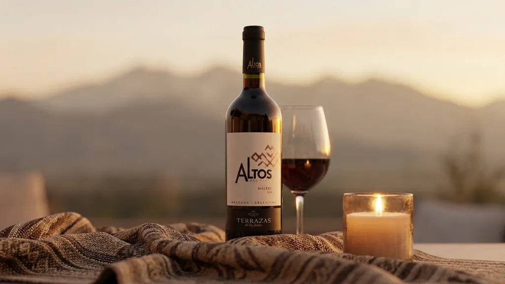 Chai Rượu Vang Đỏ Altos del Plata Malbec với nhãn họa tiết núi Andes