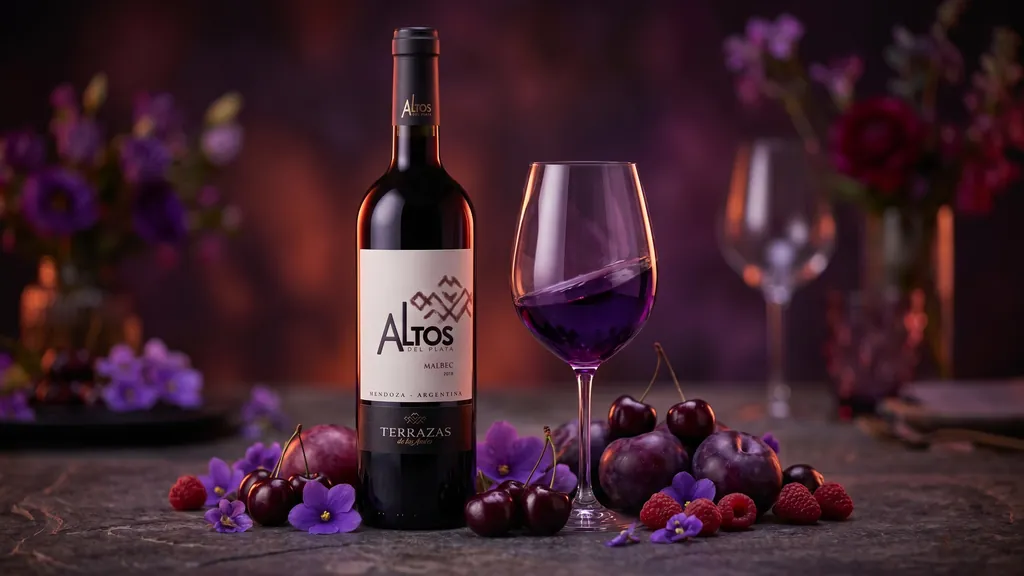 Ly Rượu Vang Đỏ Altos del Plata Malbec sắc tím đậm cùng trái cây đỏ