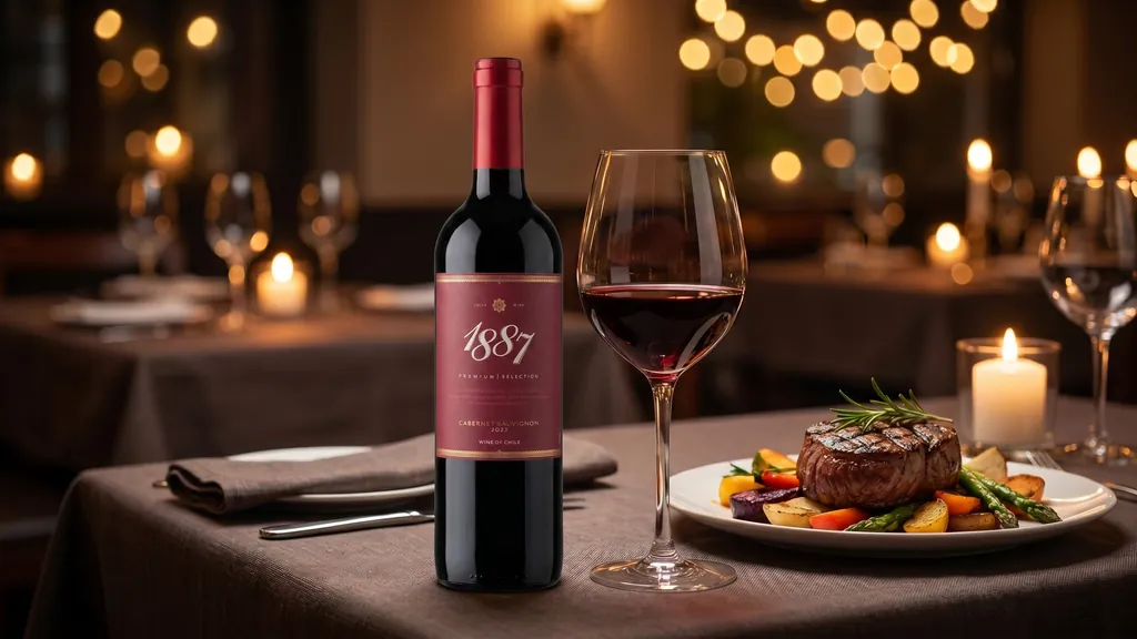 Rượu vang đỏ 1887 Cabernet Sauvignon kết hợp ly Bordeaux và món thịt đỏ