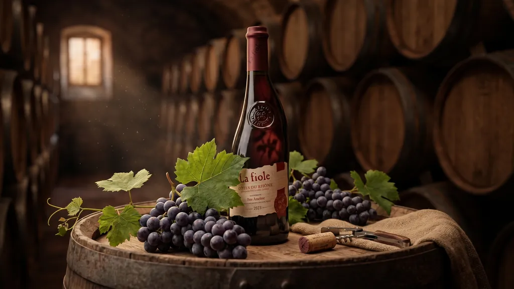 Rượu Vang Đỏ La Fiole Côtes du Rhône bên thùng gỗ sồi trong hầm rượu Pháp