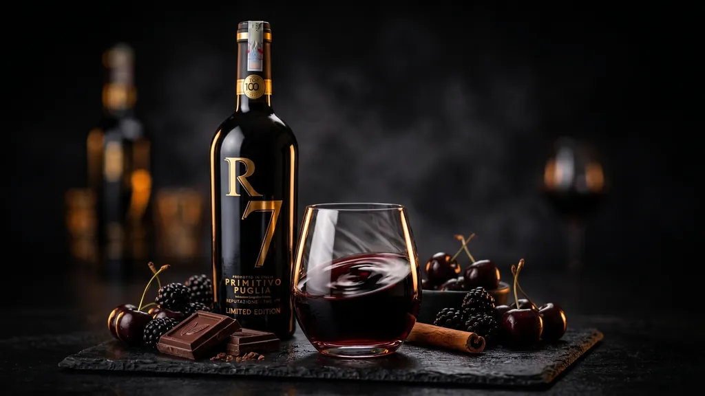 Ly Rượu Vang R7 Primitivo Puglia sắc ruby đậm cùng trái cây chín