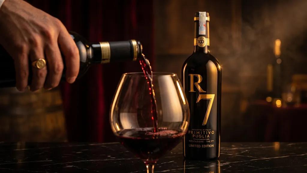 Rót Rượu Vang Đỏ Ý R7 Primitivo Puglia Limited Edition ra ly