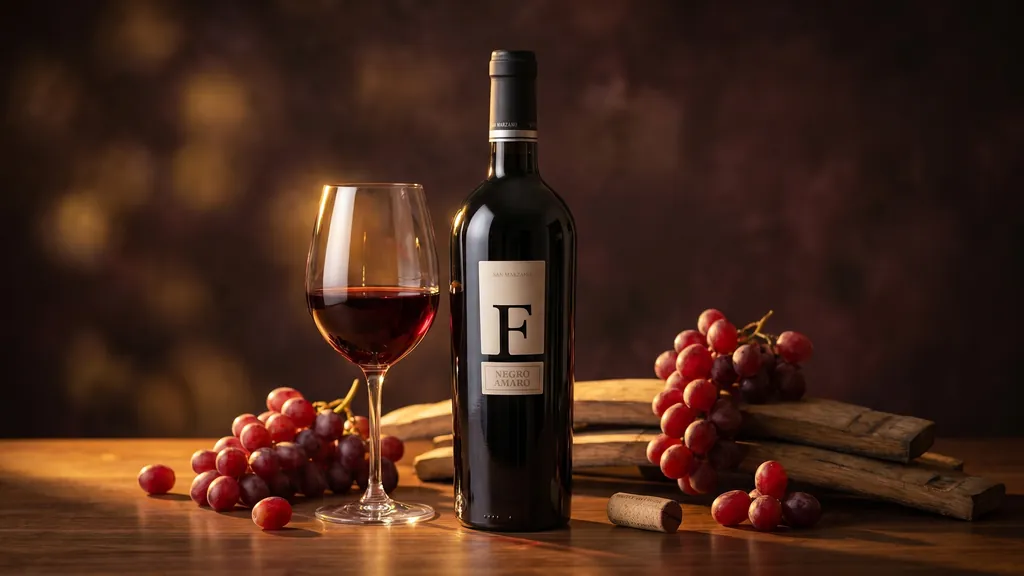 Rượu vang F Negroamaro Salento San Marzano bên ly vang đỏ trong không gian thưởng thức ấm cúng
