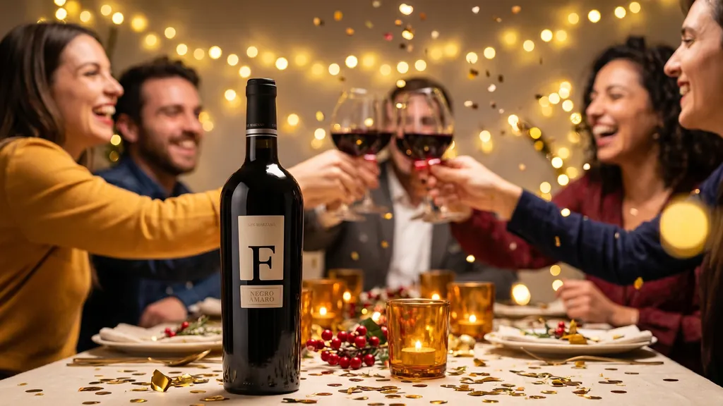 Rượu vang F Negroamaro Salento trên bàn tiệc cùng bạn bè nâng ly chúc mừng