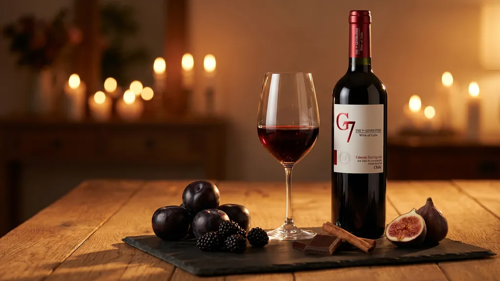 Ly vang đỏ G7 Cabernet Sauvignon cùng trái cây đen thể hiện hương vị