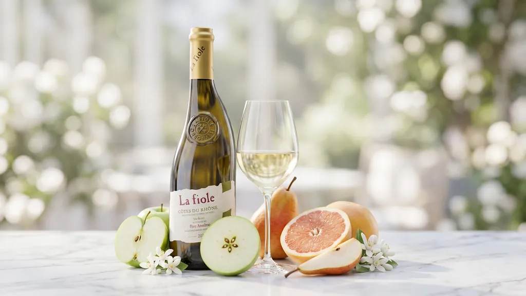 Ly Rượu Vang Trắng La Fiole Côtes du Rhône sắc vàng rơm cùng trái cây tươi