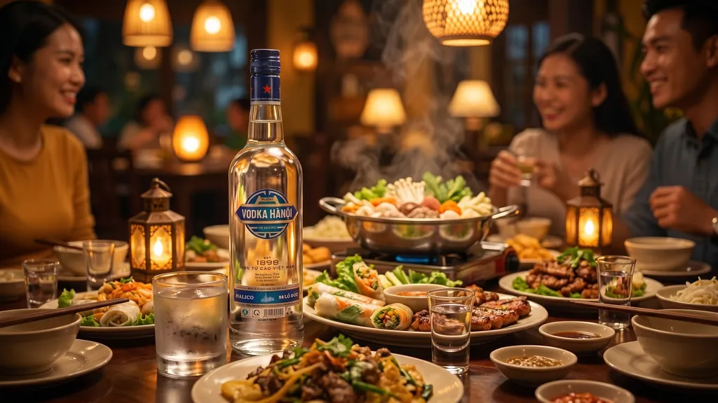 Rượu Vodka Hà Nội Halico 700ml trên mâm nhậu đồ nhắm Việt