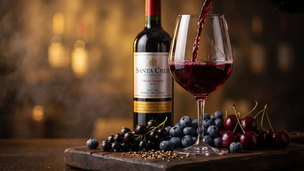 Rót rượu vang Santa Cruz Cabernet Sauvignon ra ly bên trái cây đỏ và việt quất