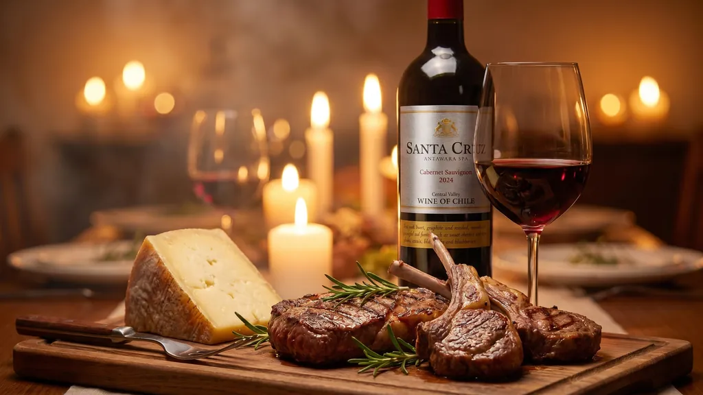 Rượu vang Santa Cruz Cabernet Sauvignon bên đĩa thịt bò cừu nướng và phô mai