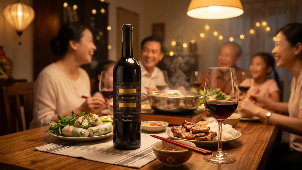 Vang Đà Lạt Strong Red Wine 750ML trên mâm cơm gia đình Việt