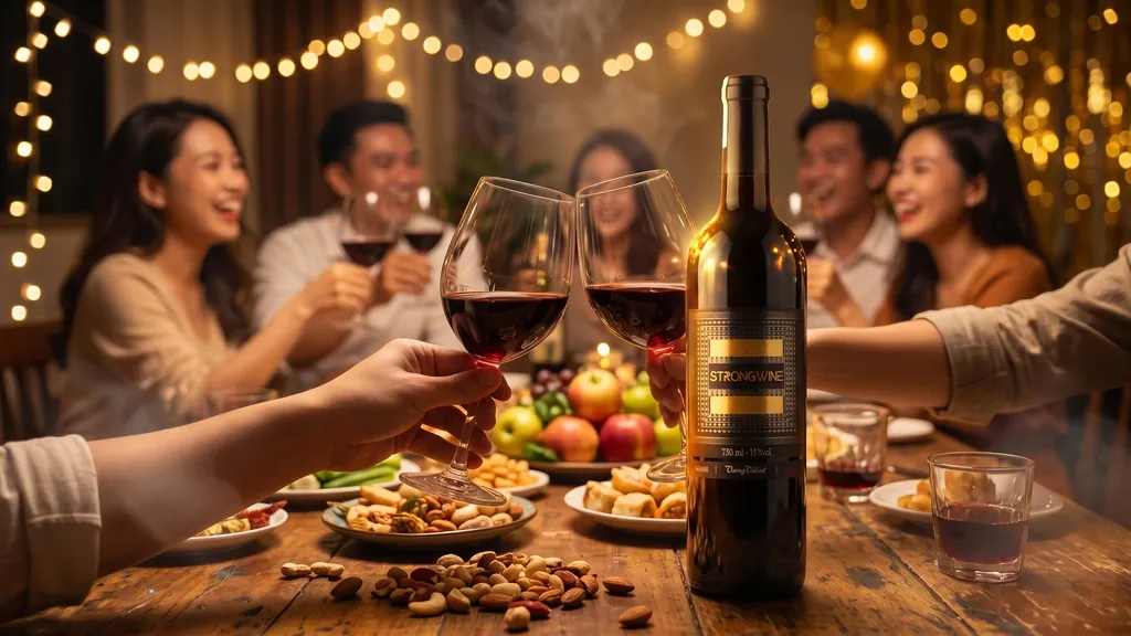 Vang Đà Lạt Strong Red Wine trong tiệc liên hoan bạn bè nâng ly